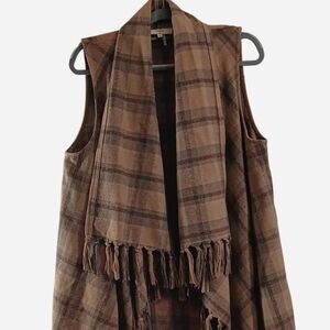 Entro Women's Fringe Vest Plaid Brown Gray Tan Large